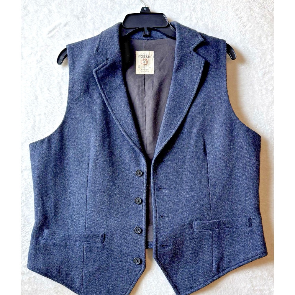 Fossil Vest Mens Med Blue Wool Blend Herringbone Notch Lapel EUC